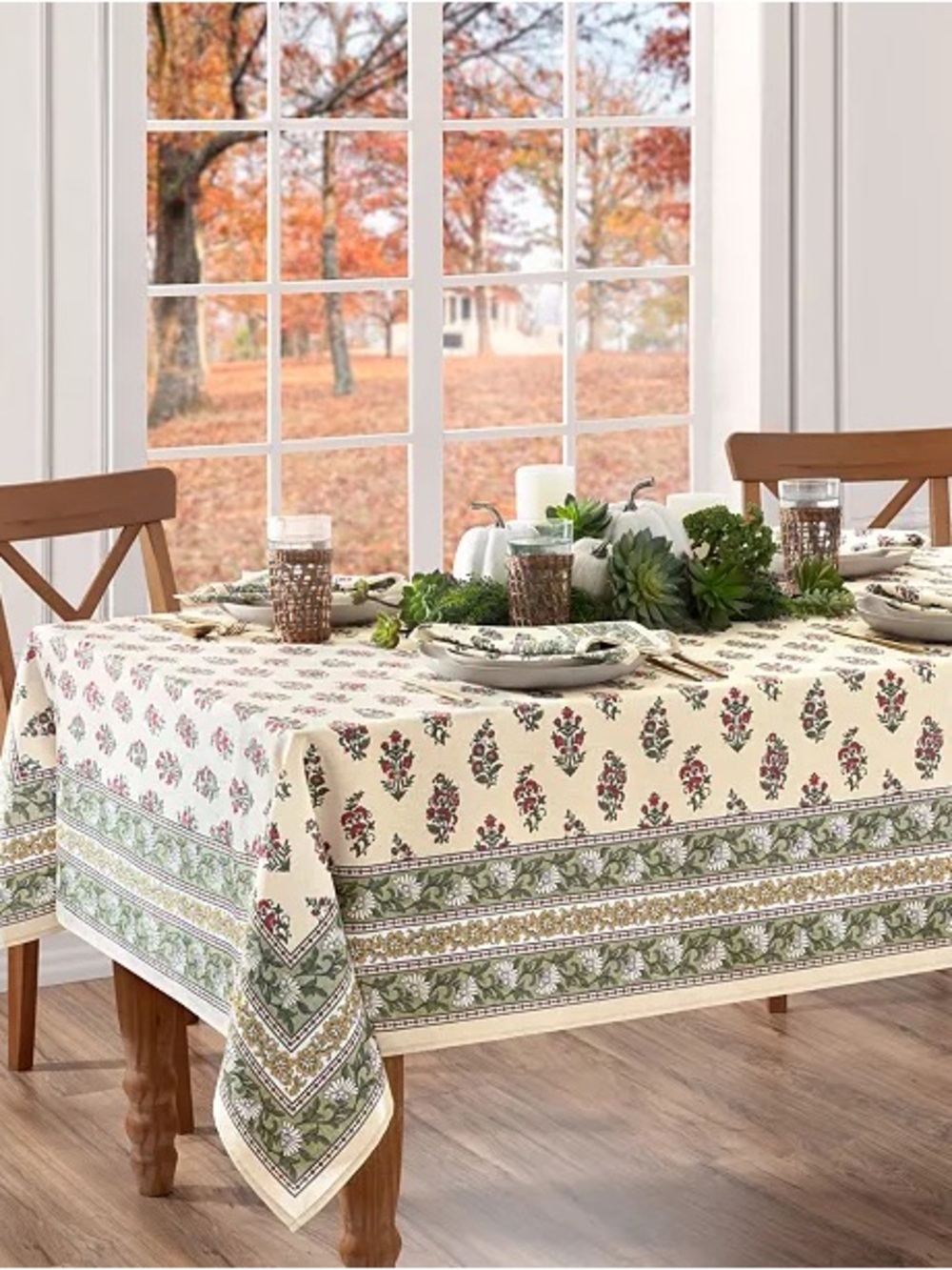 Cream and Green Floral Print Tablecloth - Home Dining
